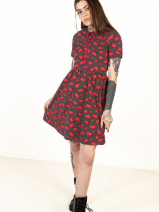 Retrolicious Dresses & Skirts - Retrolicious Retro Lips Fit & Flare Dress in Red & Black Polka Dot w/ Collar